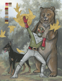 An illustration by Steve Seeley features a person in a retro green and silver costume posing with a bear and dog, surrounded by gold birds. A signature acrylic and gold leaf palette adorns the top left corner of this forest scene.