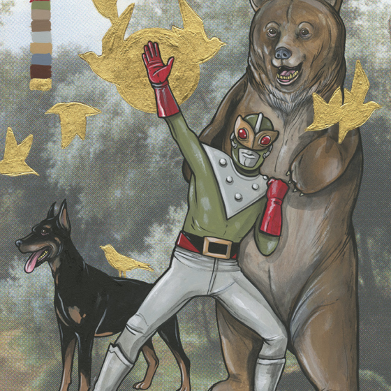 An illustration by Steve Seeley features a person in a retro green and silver costume posing with a bear and dog, surrounded by gold birds. A signature acrylic and gold leaf palette adorns the top left corner of this forest scene.
