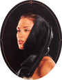 An oil on panel by Aaron Nagel depicts a serene woman in a dark, silky hood, her gaze directed upwards and to the side, set against a deep brown background framed by an oval border.