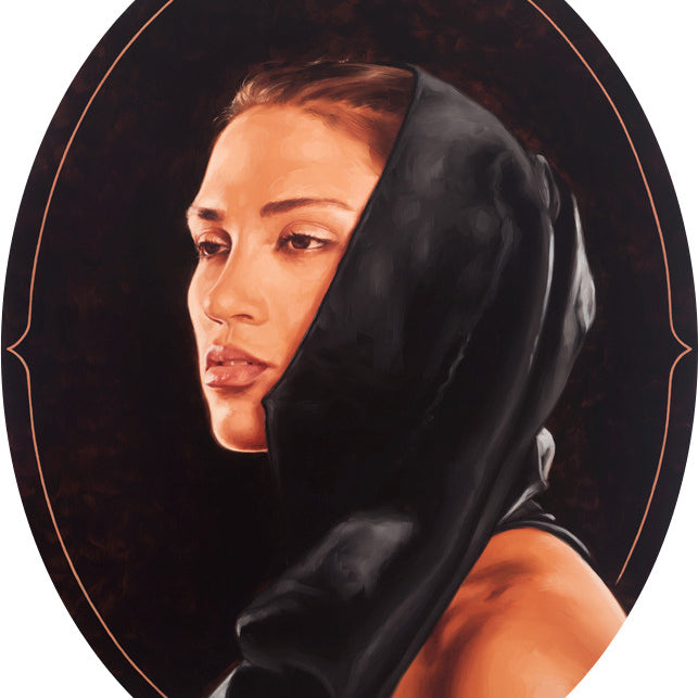 An oil on panel by Aaron Nagel depicts a serene woman in a dark, silky hood, her gaze directed upwards and to the side, set against a deep brown background framed by an oval border.