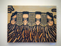 This abstract painting features five stylized faces with closed eyes and elongated features, interwoven with root-like patterns or tentacles on a beige backdrop. Its intricate detailing echoes GATS iconic Three Faced style.