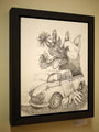 Custom framed artwork by John Casey features a pencil panel drawing of a fox surrounded by flowers, blending nature with mechanical elements through a vintage car and leaves.