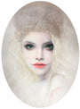This Bec Winnel illustration captures a woman with long blonde hair and striking green eyes, wearing a furry hat. Her vivid red lipstick contrasts the soft, neutral background, reminiscent of Evalines subtle elegance. An oval frame accentuates her exquisite features.