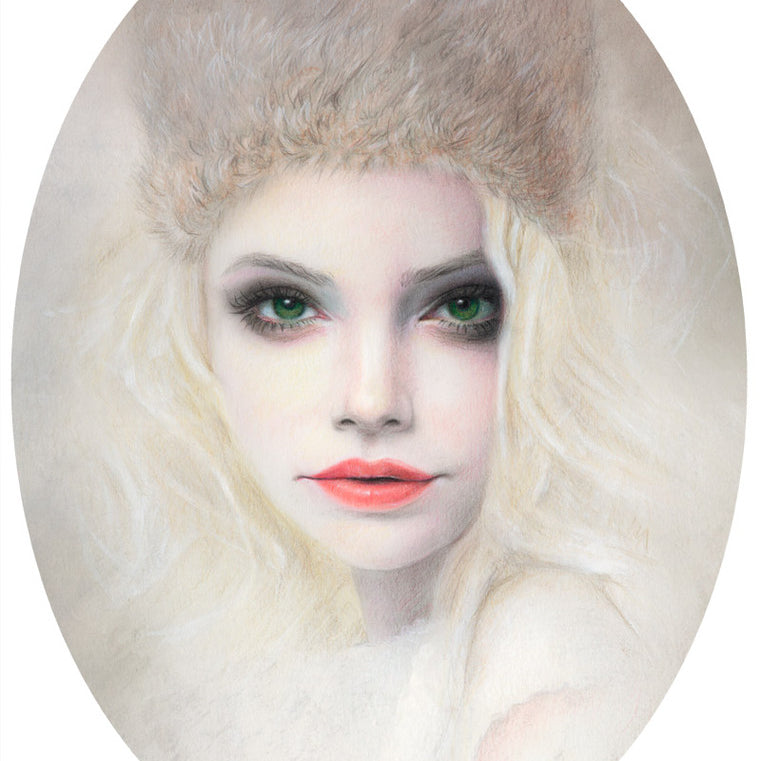 This Bec Winnel illustration captures a woman with long blonde hair and striking green eyes, wearing a furry hat. Her vivid red lipstick contrasts the soft, neutral background, reminiscent of Evalines subtle elegance. An oval frame accentuates her exquisite features.