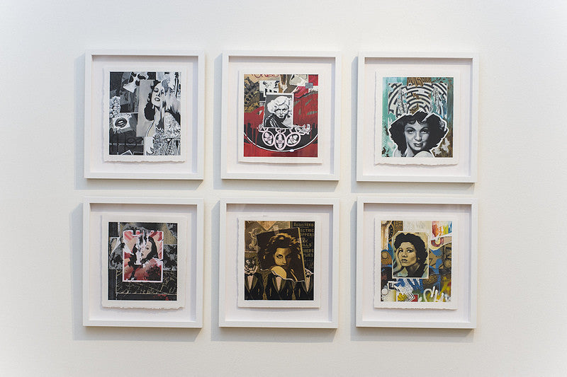 Six custom-framed pop art portraits of women, each reminiscent of Jessica Hesss vibrant style with bold colors and stylized graphics, are displayed on a white wall in two rows of three.