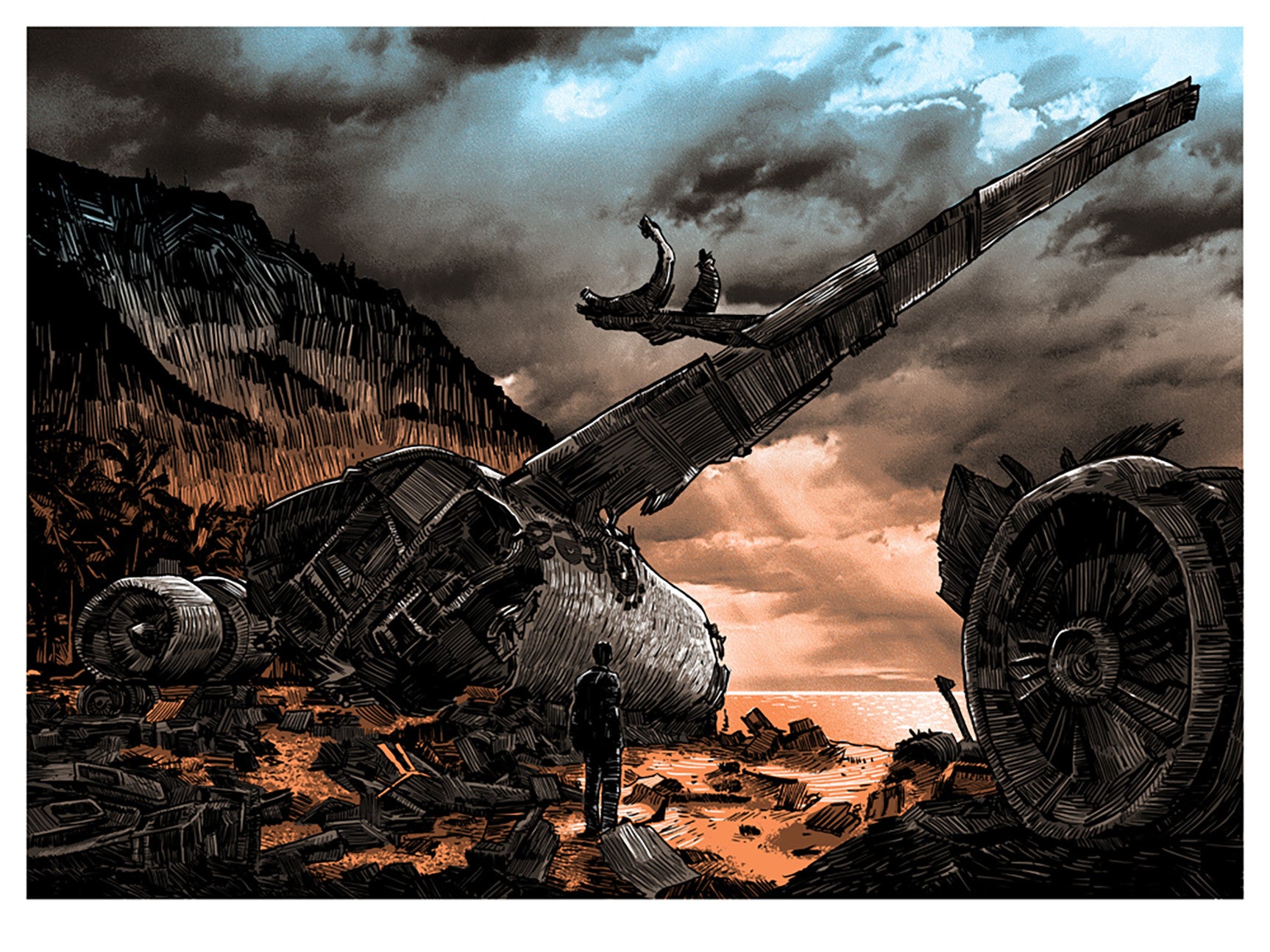Tim Doyles screen print portrays a dramatic airplane crash on a beach at sunset, inspired by *Lost*. Two figures stand on the wreckage as another approaches from the shore, all surrounded by tense clouds and scattered debris.