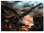 Tim Doyles screen print portrays a dramatic airplane crash on a beach at sunset, inspired by *Lost*. Two figures stand on the wreckage as another approaches from the shore, all surrounded by tense clouds and scattered debris.
