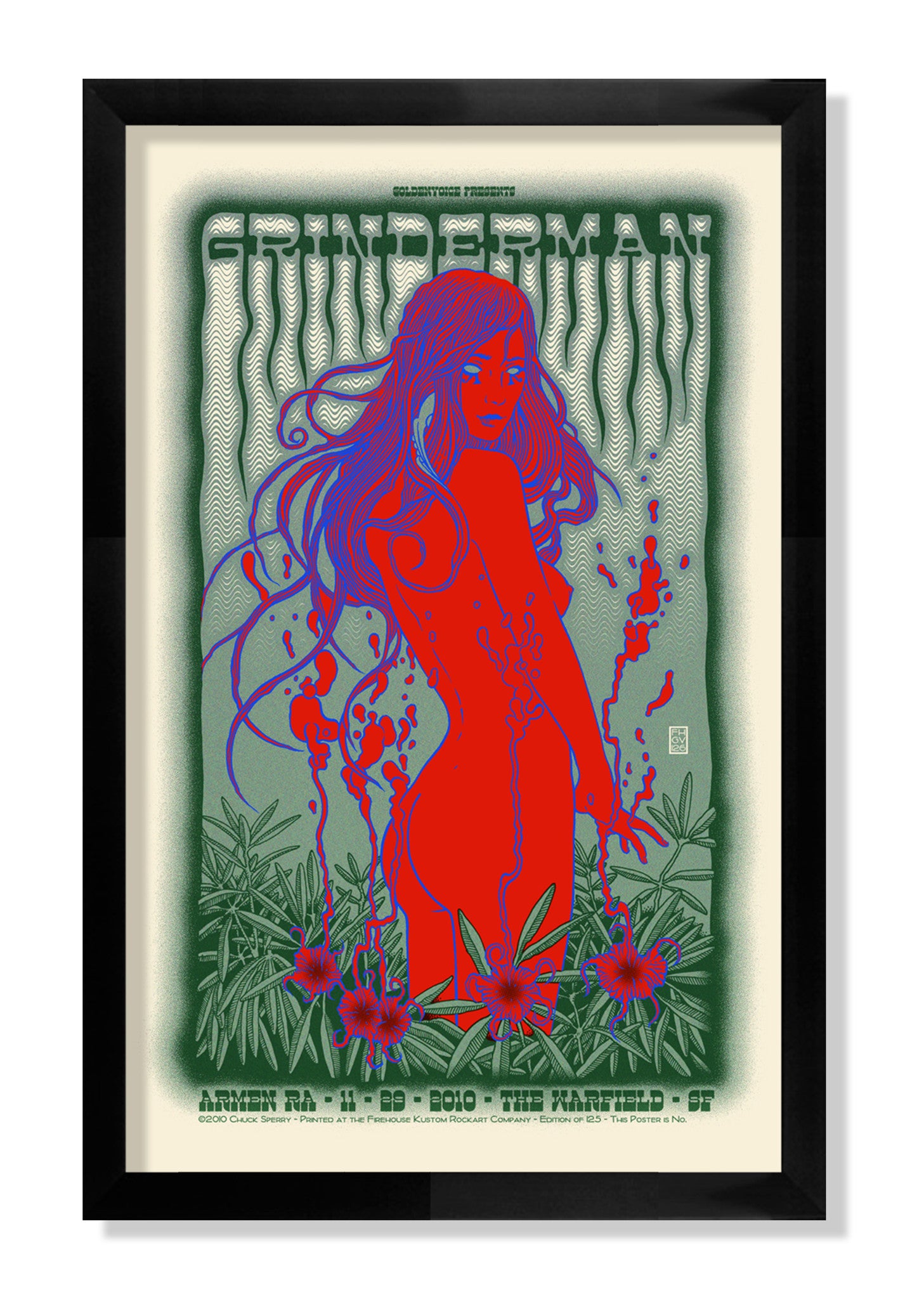 Chuck Sperrys poster features a stylized red silhouette of a woman against a wavy green pattern, surrounded by abstract floral elements. Grinderman - 2010 is at the top with Warfield performance details below, all framed in black.
