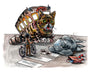 At the crosswalk, a large cartoon cat with a bus labeled DERP faces a cyclist. Nearby, an exaggerated pigeon lies among crumbs and a cup. This whimsical scene echoes Tim Doyles style, perfect for a Lil Bub art exhibit.