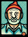 James Whites bold, graphic style illustration features a bearded man in a red beanie and blue shirt, with halftone dots inspired by The Life Aquatic. The teal wave pattern background echoes a classic screen print design.