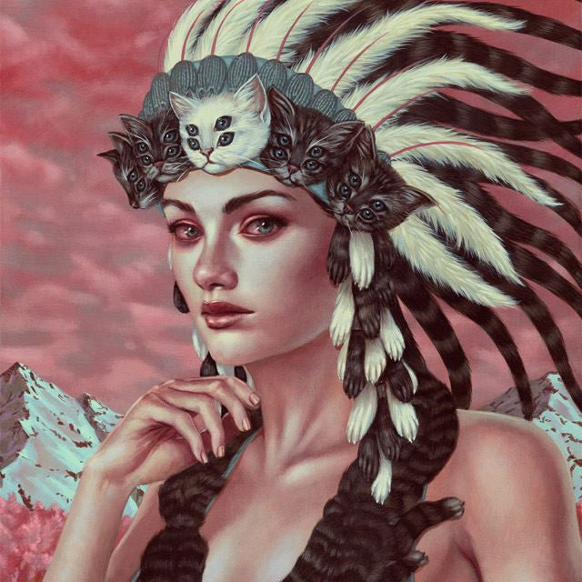 A woman in a feathered headdress with cat faces stands against a surreal pink landscape, exuding prowess. Her braid complements her thoughtful expression in a setting reminiscent of Casey Weldons dreamlike style.