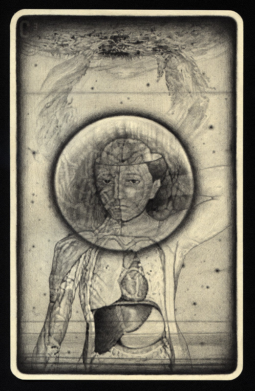 Surreal black and white C3 artwork on Moleskine paper shows a person with an overlay revealing internal anatomy, like the brain and heart. The face is partly hidden by a circle, with abstract textures above and suit-like attire below, evoking Solaris scenes.