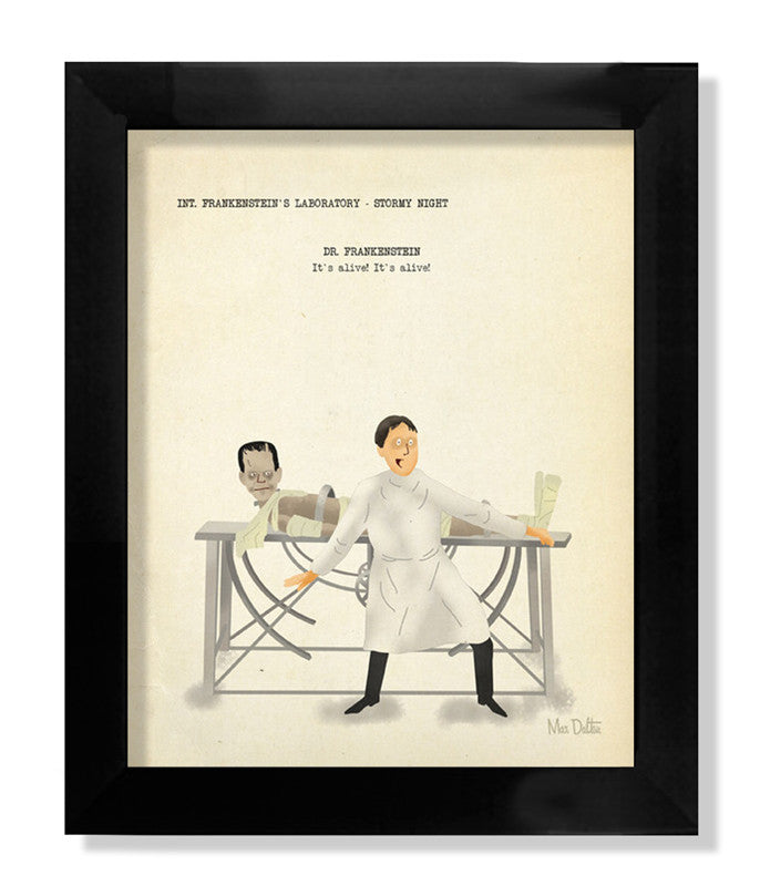 Max Daltons fine art giclee print depicts a scientist in a white coat exclaiming Its alive! Its alive! in a laboratory with Frankensteins monster on the table behind him. The stormy night scene is meticulously hand numbered for authenticity.