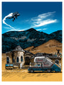 A vintage Tim Doyle truck with a stair-car attachment, echoing *Arrested Development*, is parked by a quirky dome-like building in a desert. In the sky, someone with a jetpack soars near mountain peaks under the bright blue expanse.