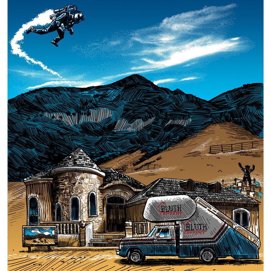 A vintage Tim Doyle truck with a stair-car attachment, echoing *Arrested Development*, is parked by a quirky dome-like building in a desert. In the sky, someone with a jetpack soars near mountain peaks under the bright blue expanse.