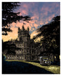 In Tim Doyles screen print, a grand Victorian mansion and vintage car evoke Downton Abbeys elegance. Large trees at sunset cast warm, picturesque shadows on the winding path.