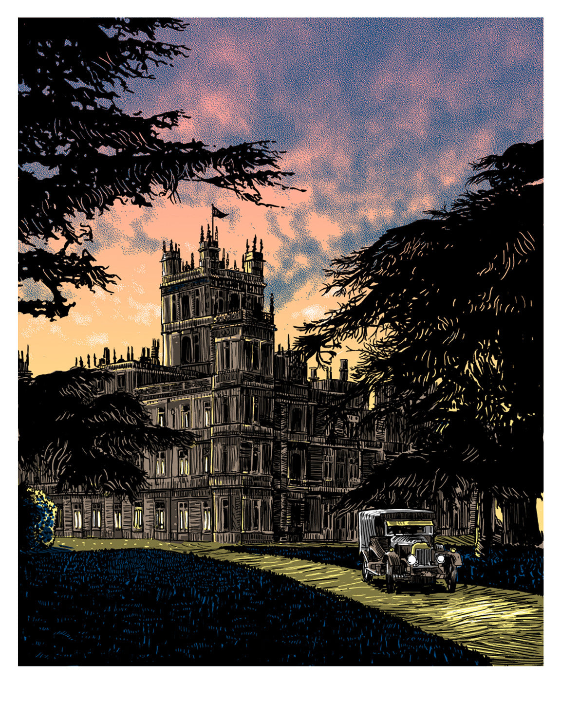 In Tim Doyles screen print, a grand Victorian mansion and vintage car evoke Downton Abbeys elegance. Large trees at sunset cast warm, picturesque shadows on the winding path.