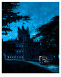 An illustration of a dimly-lit grand manor at dusk, featuring a vintage car on the driveway and dark trees framing it, under a blue-tinted sky. This scene echoes Tim Doyles screen print style and is reminiscent of Downton Abbey.