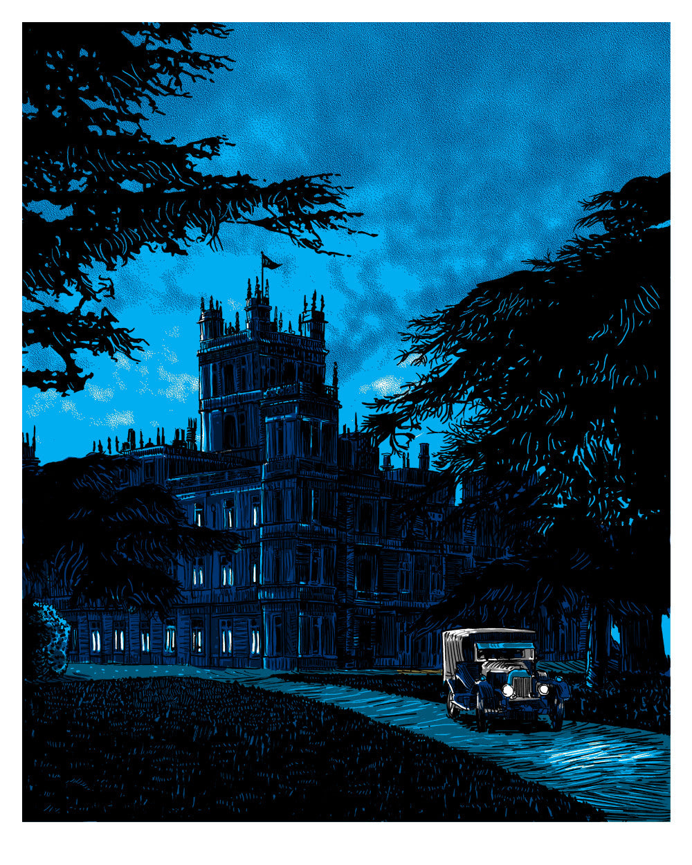 An illustration of a dimly-lit grand manor at dusk, featuring a vintage car on the driveway and dark trees framing it, under a blue-tinted sky. This scene echoes Tim Doyles screen print style and is reminiscent of Downton Abbey.
