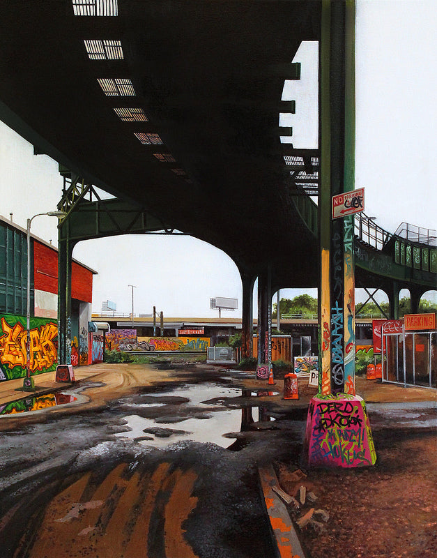 The Davis Street urban scene showcases an elevated train track and wet street, with graffiti-clad buildings and columns echoing the style of Jessica Hess. A metal staircase ascends to the tracks under an overcast sky, enhancing the gritty ambiance.
