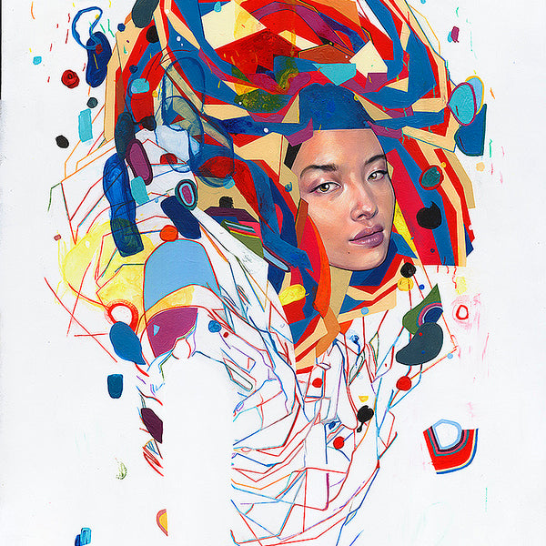 This dynamic watercolor artwork by Erik Jones features a colorful abstract portrait with a persons face amid vivid geometric shapes and swirling patterns in red, blue, yellow, and black, capturing the essence of contemporary creativity.