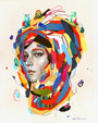 A surreal portrait inspired by Erik Jones, featuring a detailed face amidst vibrant, abstract watercolor shapes in red, blue, yellow, and orange hues. The realistic central figure contrasts with the lively brushstrokes surrounding it like a Galena festival.