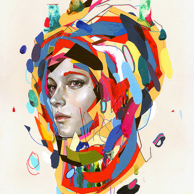 A surreal portrait inspired by Erik Jones, featuring a detailed face amidst vibrant, abstract watercolor shapes in red, blue, yellow, and orange hues. The realistic central figure contrasts with the lively brushstrokes surrounding it like a Galena festival.