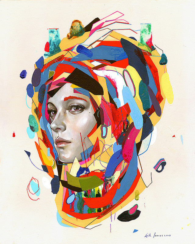 This limited edition giclee print by Erik Jones features a realistic portrait encircled by abstract, colorful shapes. The piece contrasts the lifelike face with vibrant hues, resulting in a dynamic blend of realism and abstract art that captures both movement and energy in a unique visual dance.