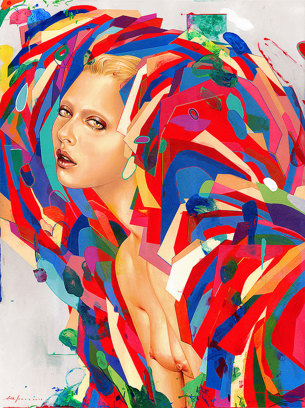 A woman with short blonde hair is enveloped by dynamic, vibrant shapes in red, blue, green, and yellow. The piece combines realism with abstraction reminiscent of Erik Jones style, juxtaposing her face against a colorful backdrop.