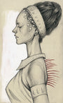 Allison Reimolds graphite and gouache framed artwork depicts a woman in profile, adorned with an elaborate hairstyle and headband, wearing a dress with patterned trim. Red lines extend from her back, lending a surreal vibe to the classical piece reminiscent of a ritual study.