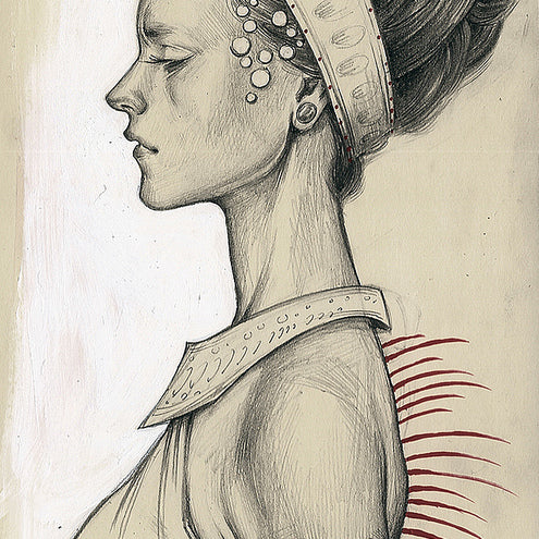 Allison Reimolds graphite and gouache framed artwork depicts a woman in profile, adorned with an elaborate hairstyle and headband, wearing a dress with patterned trim. Red lines extend from her back, lending a surreal vibe to the classical piece reminiscent of a ritual study.
