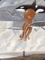 In Roland Tamayos unique acrylic-on-wood piece, a child with a fishing pole catches an oversized octopus on a surreal beach with a whale, orca, shark, and swordfish floating in the sky; this imaginative art is now available for sale.