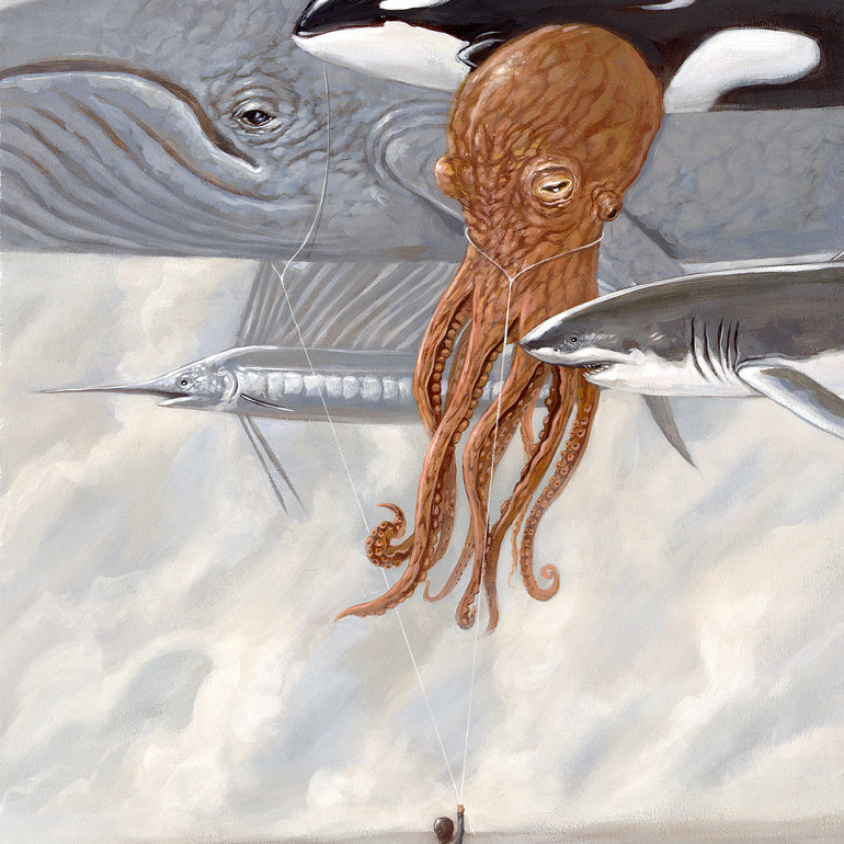 In Roland Tamayos unique acrylic-on-wood piece, a child with a fishing pole catches an oversized octopus on a surreal beach with a whale, orca, shark, and swordfish floating in the sky; this imaginative art is now available for sale.