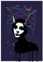 A stylized silhouette with abstract antlers, in Eeluss signature style, features a colorful thread web on a dark backdrop. Dripping paint and vibrant splashes enhance this dynamic hand-pulled screen print.
