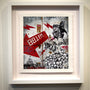 Custom-framed artwork inspired by Jessica Hesss style, featuring red lightning bolts, 88.1 FM, a winged skull figure, and smaller skulls. This vibrant piece is rich with graffiti and abstract elements reminiscent of gouache painting.