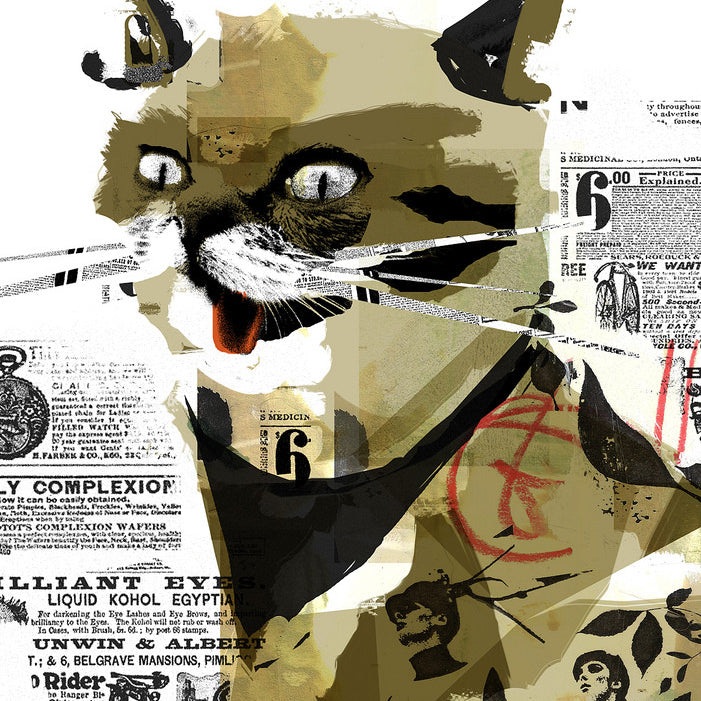 Adam Jureskos fine art giclee print features a vibrant, abstract illustration of Lil Bub, showcasing wide eyes and an open mouth with sharp teeth. The collage background of vintage newspaper ads makes it a unique choice for any limited edition poster collection.