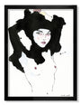A minimalistic Conrad Roset-style illustration depicts a person with an ink brushstroke hat, direct gaze, and raised arm. The artwork prominently features black and white with subtle red touches on the lips and nipples.