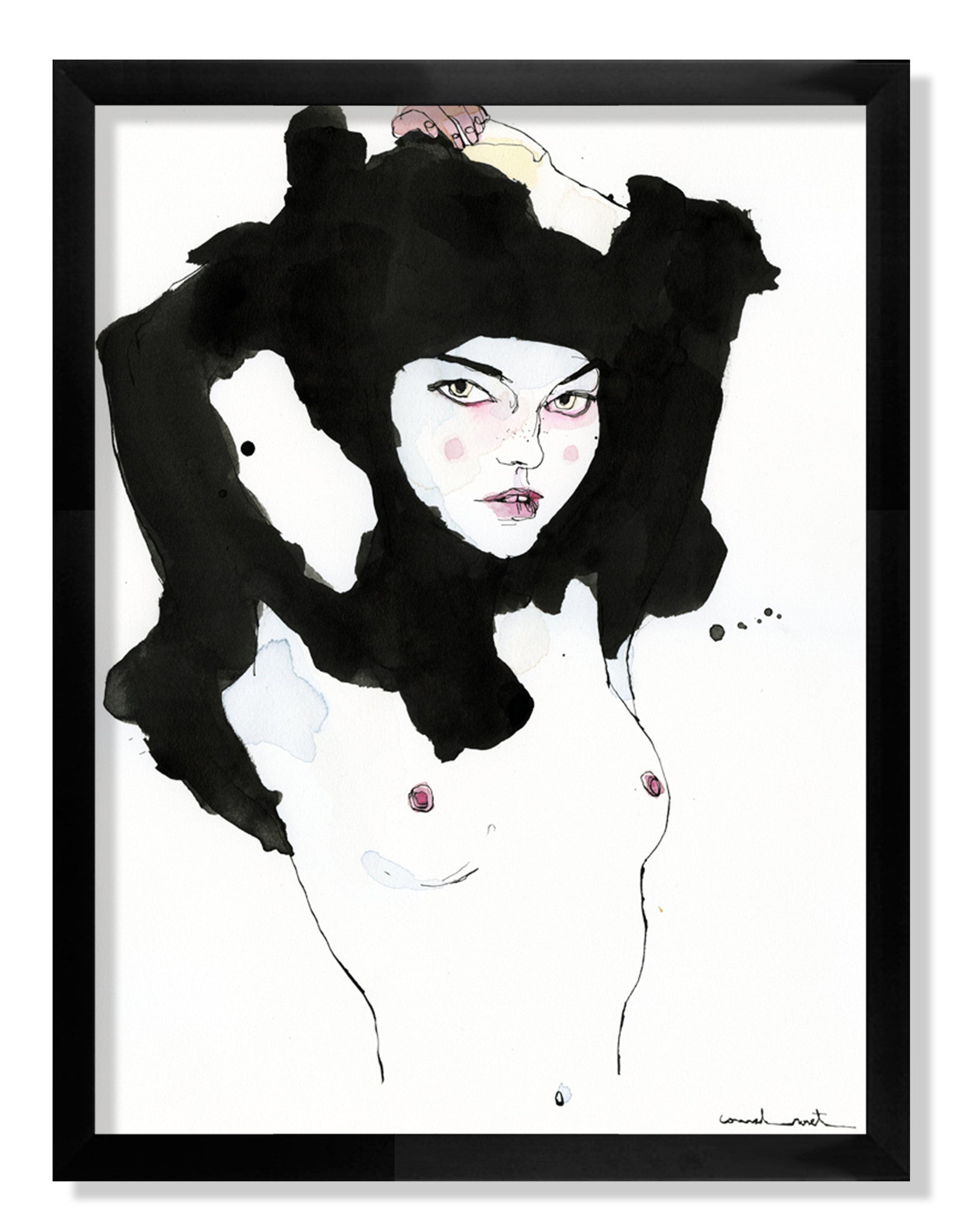 A minimalistic Conrad Roset-style illustration depicts a person with an ink brushstroke hat, direct gaze, and raised arm. The artwork prominently features black and white with subtle red touches on the lips and nipples.
