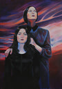 Two women with serious expressions stand against a swirling, colorful sky reminiscent of Martine Johannas Duette. Both in dark clothing, they are surrounded by abstract patterns in pink, purple, and blue hues that evoke a Supersonic Electronic Invitational vibe.