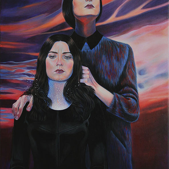 Two women with serious expressions stand against a swirling, colorful sky reminiscent of Martine Johannas Duette. Both in dark clothing, they are surrounded by abstract patterns in pink, purple, and blue hues that evoke a Supersonic Electronic Invitational vibe.
