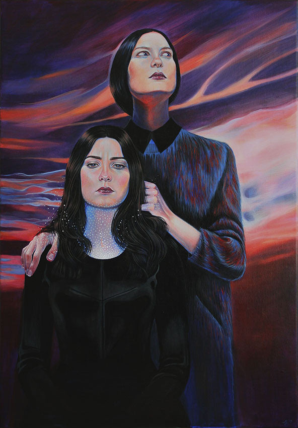 Two women with serious expressions stand against a swirling, colorful sky reminiscent of Martine Johannas Duette. Both in dark clothing, they are surrounded by abstract patterns in pink, purple, and blue hues that evoke a Supersonic Electronic Invitational vibe.