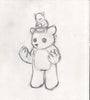 The pencil sketch features a large, anthropomorphic bear with fierce claws and hollow eyes in Luke Chuehs signature style. Atop the bear rests a serene, cat-like creature with pointed ears, resembling a possessed toy.