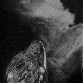 A grayscale illustration of a woman with long hair playing guitar, meticulously rendered in graphite, showcases her deep immersion in music. The backgrounds abstract, cloud-like formations capture the evocative style of Seamus Conley.