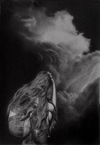 A grayscale illustration of a woman with long hair playing guitar, meticulously rendered in graphite, showcases her deep immersion in music. The backgrounds abstract, cloud-like formations capture the evocative style of Seamus Conley.