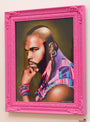 Scott Scheidlys vibrant portrait depicts a person with a mohawk, hoop earring, and colorful attire in a pink ornate frame. The subject gazes thoughtfully to the side with their chin on their fist. Available as a limited edition archival pigment print.