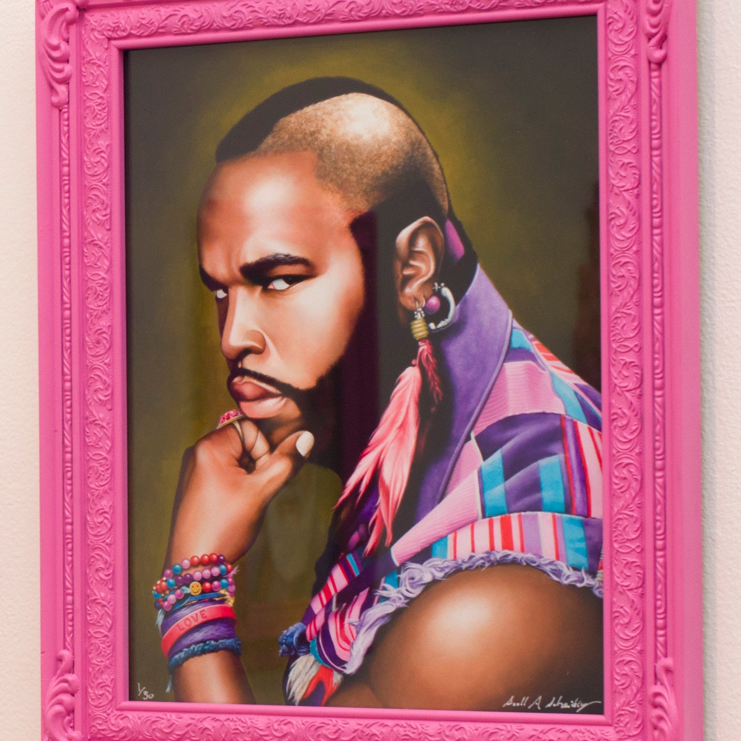 Scott Scheidlys vibrant portrait depicts a person with a mohawk, hoop earring, and colorful attire in a pink ornate frame. The subject gazes thoughtfully to the side with their chin on their fist. Available as a limited edition archival pigment print.