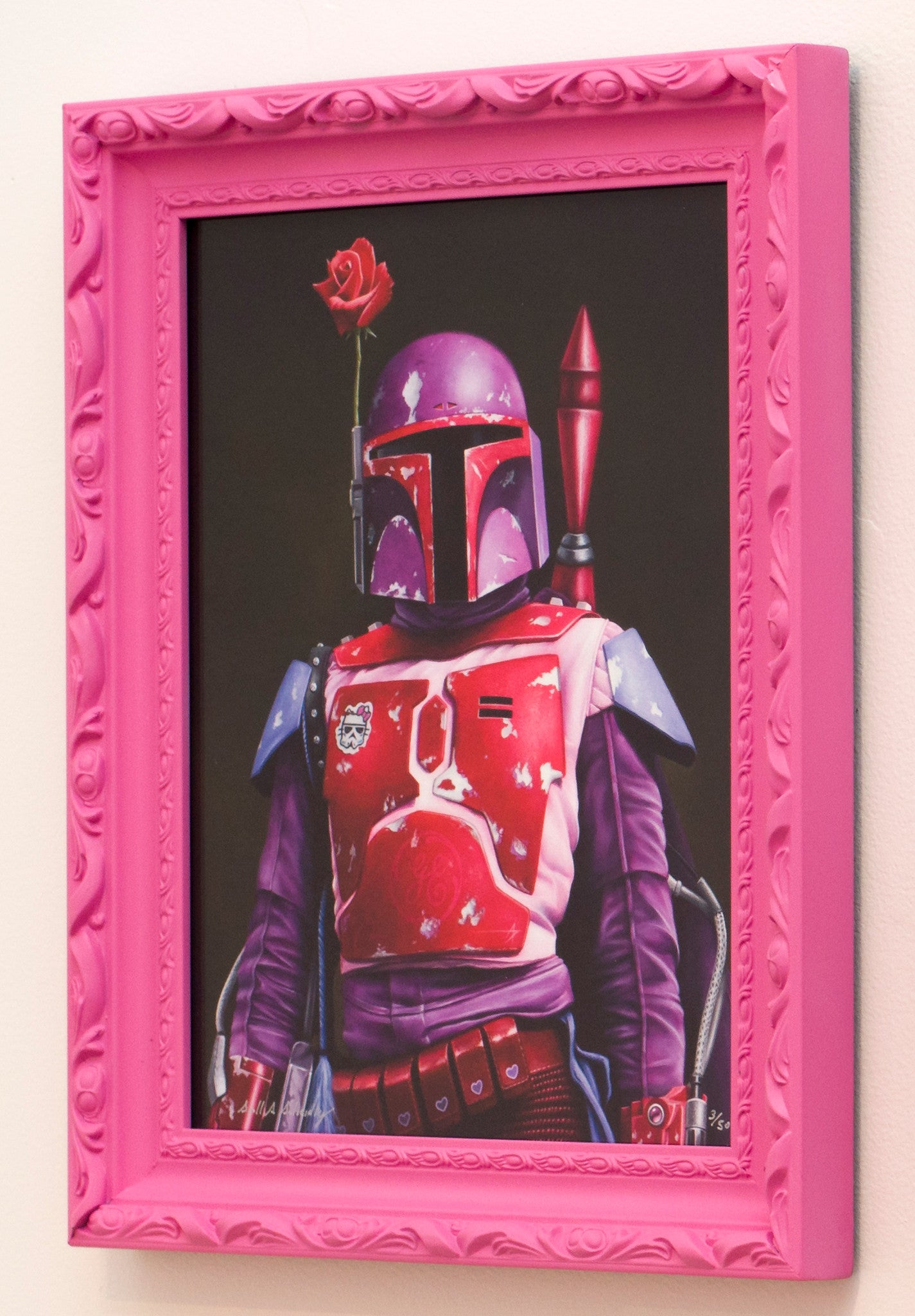 Part of Scott Scheidlys Pink Portrait series, this archival pigment print features a character in pink and red armor holding a rose within an ornate frame, capturing the boldness of color and form.