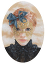 A framed artwork from Bec Winnel showcases a portrait of a person in an ornate gold lace mask decorated with pearls and a large blue bow. Their light red hair, styled in braids, complements the high-collared black outfit against Winnels signature warm, soft textured background.