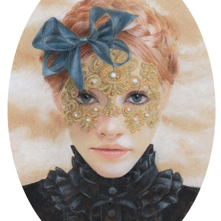 A framed artwork from Bec Winnel showcases a portrait of a person in an ornate gold lace mask decorated with pearls and a large blue bow. Their light red hair, styled in braids, complements the high-collared black outfit against Winnels signature warm, soft textured background.