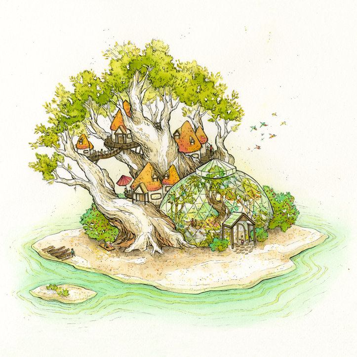 Nicole Gustafssons art features a whimsical Arboreal Island with a large ancient tree and small houses in its branches. A nearby geodesic dome adds modern flair, all set against floating land in turquoise waters under a clear sky.
